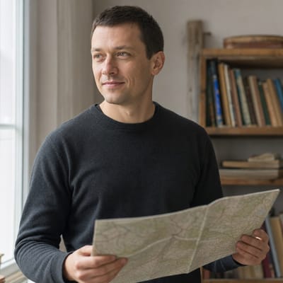 Fabian Wyka z rozłożoną mapą papierową, przy półce z przewodnikami