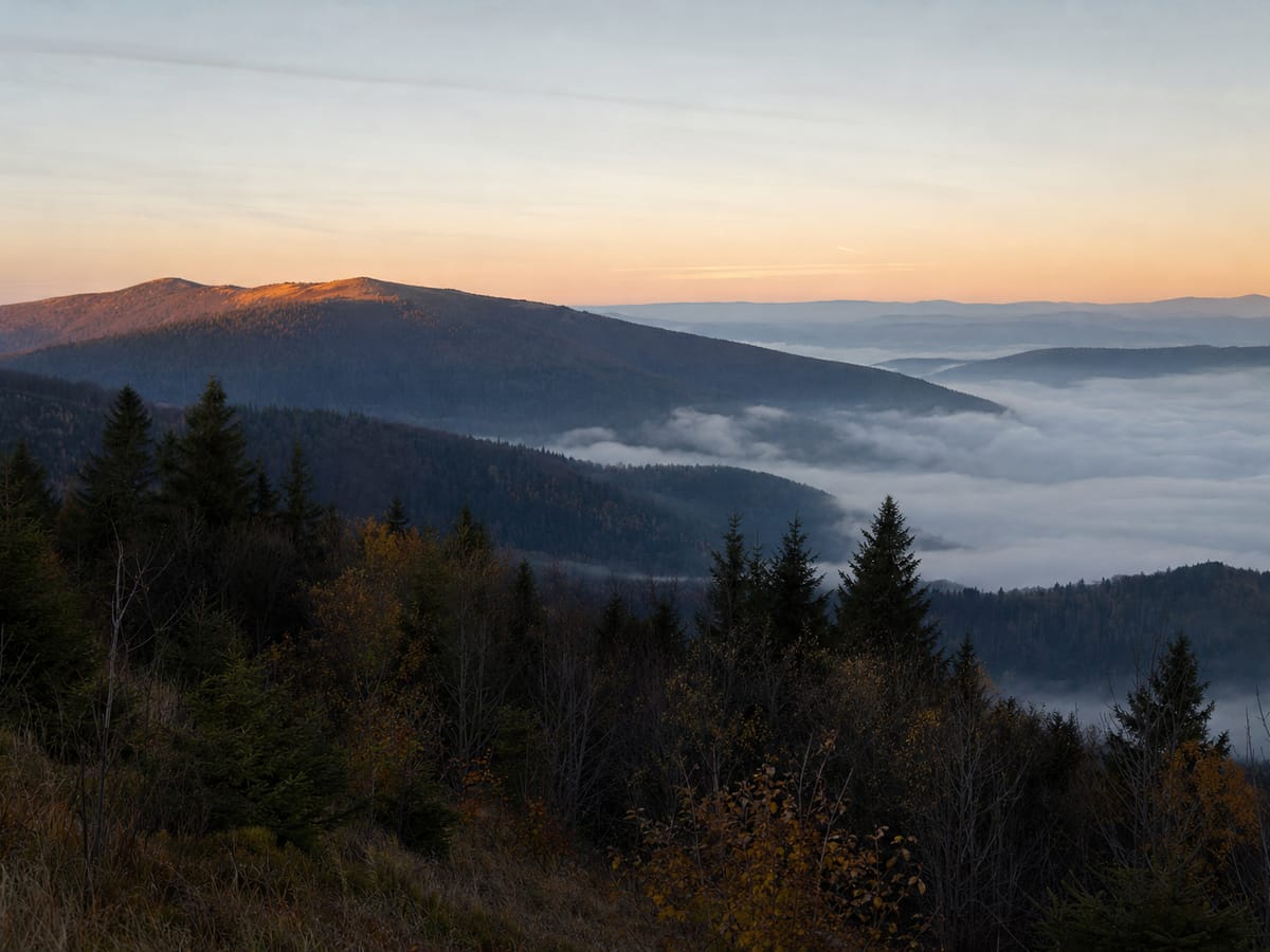 Górski grzbiet o wschodzie słońca z mgłą wypełniającą dolinę