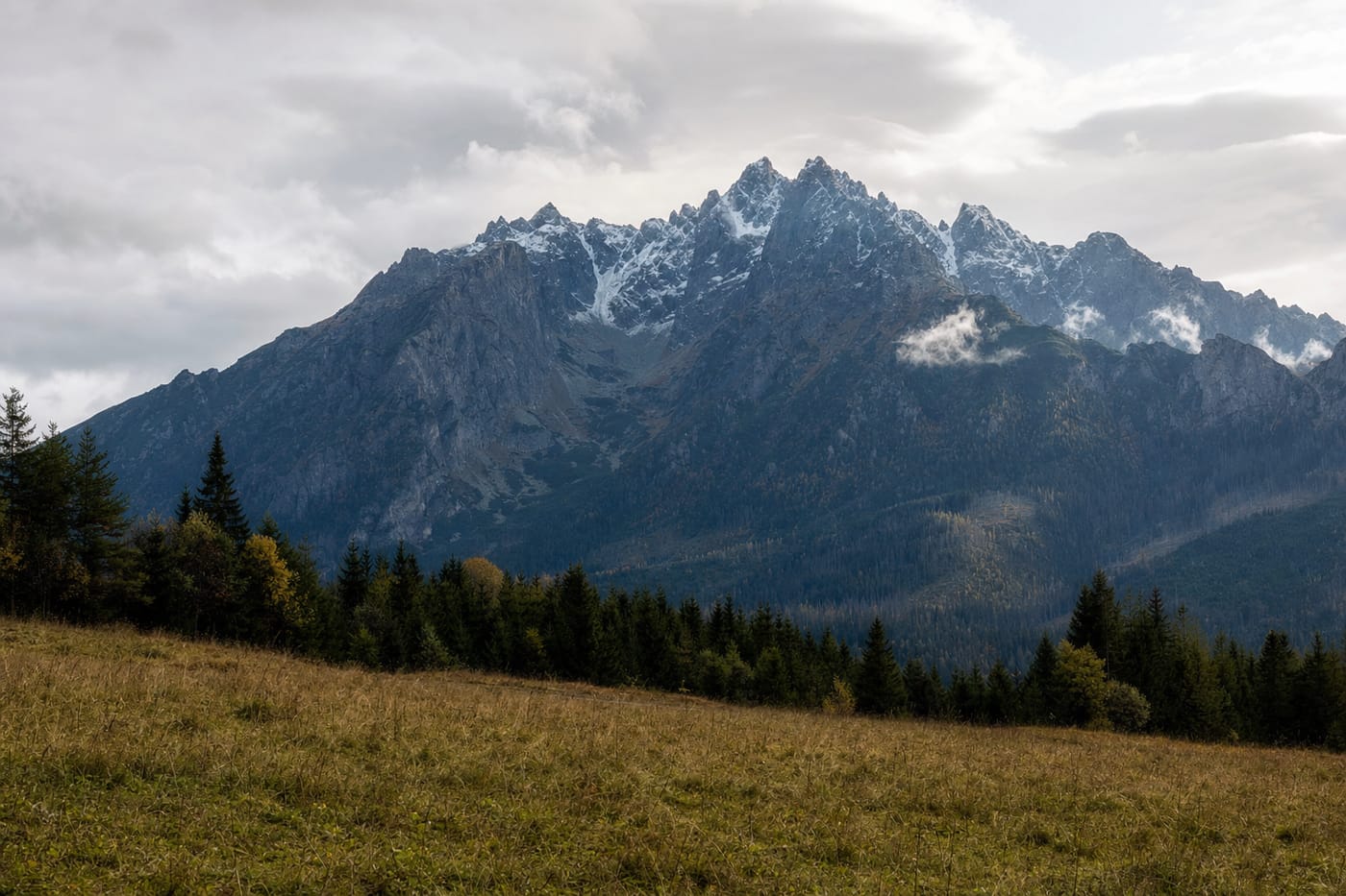 Granitowe szczyty Tatr Wysokich nad łąką, z pierwszym śniegiem na najwyższych grzbietach